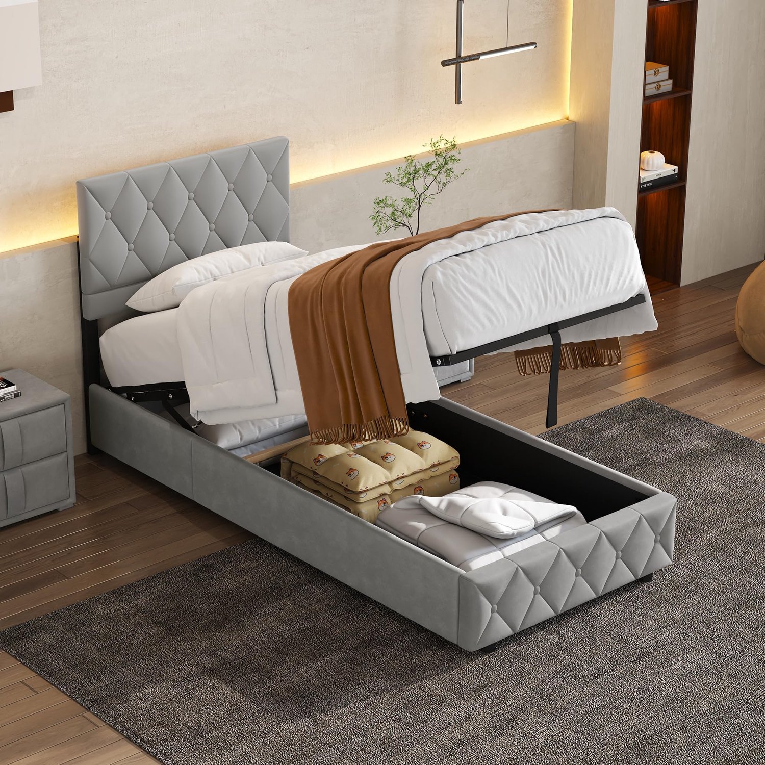 CHICFURN Gestoffeerd Bed 90x200 cm - Slaapkamer - Geluidsarme houten lattenbodem - Middenbalk met steunpoten - Fluweel - Grijs