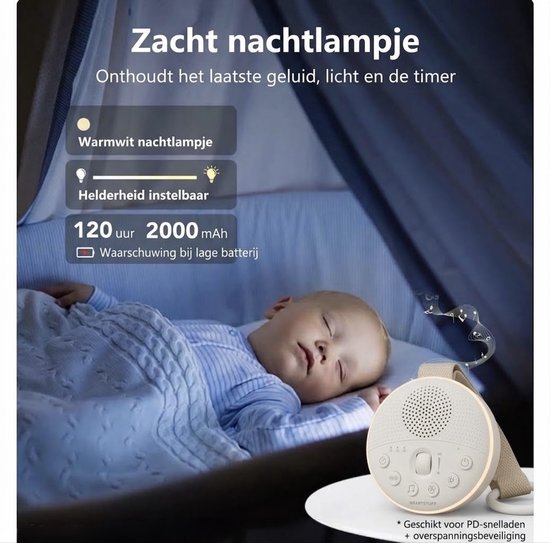 SmartStuff White Noise Machine Baby – Draagbaar Witte ruis slaapapparaat met 21 rustgevende geluiden, nachtlampje en timer – Oplaadbaar – Wit — afbeelding 2
