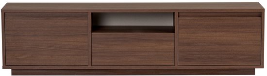 Meuble TV avec 3 portes et 1 niche ouverte en bois foncé.
