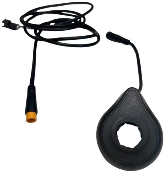 Zwarte trapondersteuningssensor met een ronde behuizing en een zwarte kabel met een gele stekker.