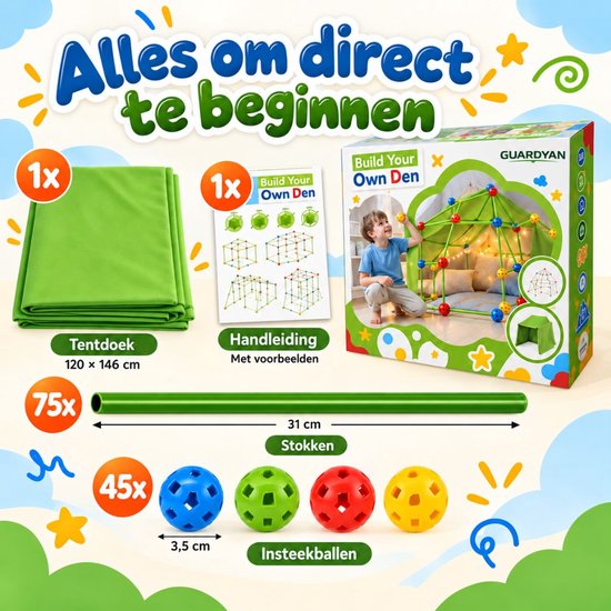 Guardyan Fort Bouwpakket 120 Onderdelen - Hut Bouwen - Speeltent - Bouwspeelgoed - Educatief Speelgoed - Constructiespeelgoed - Speelgoed 3 Jaar - Jongens Meisjes — afbeelding 2