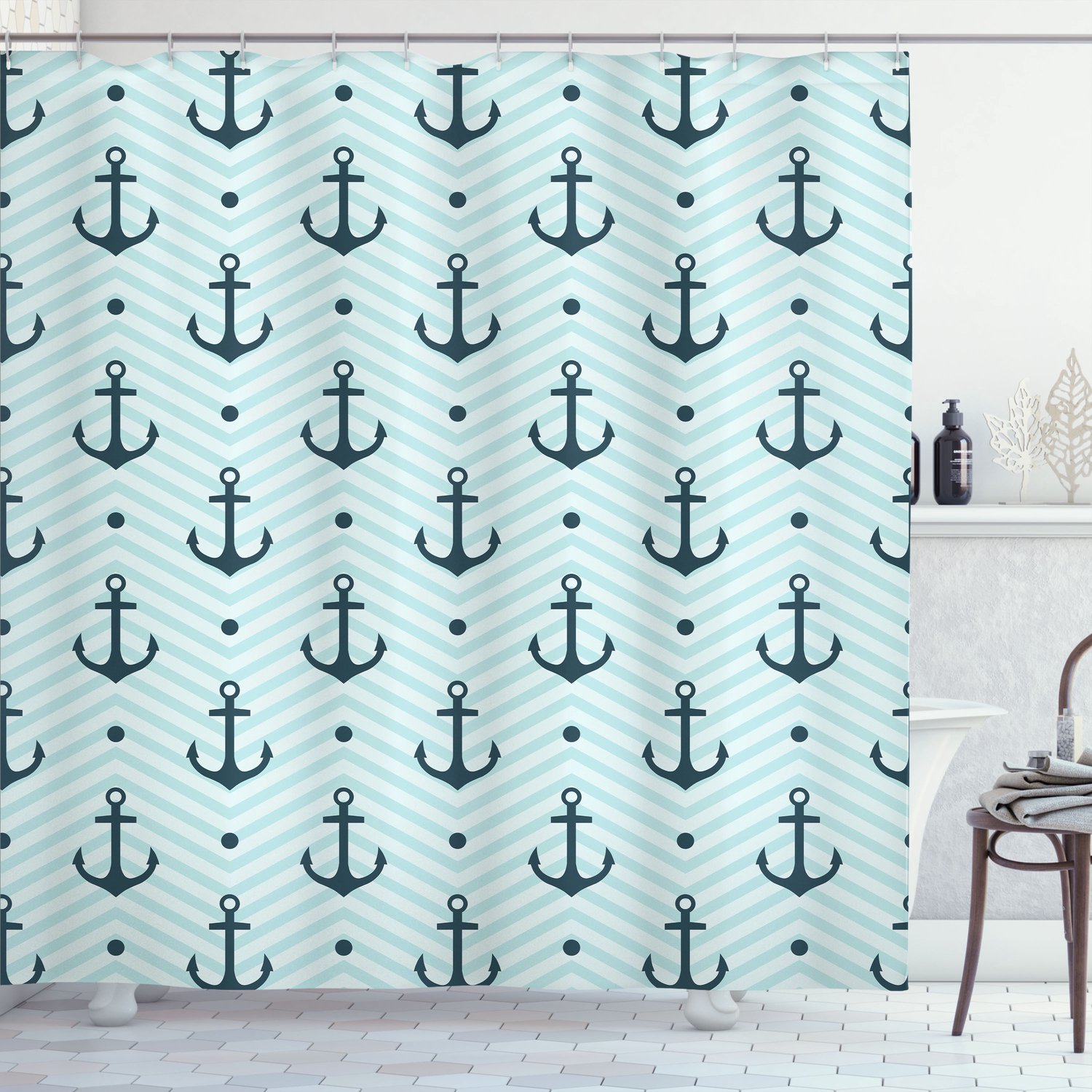 ABAKUHAUS Anker Douchegordijn, Zick-Zack-Chevron Anchors, Stoffen Badkamerdecoratieset met Haken, 175 x 240 cm, Donkergroen Turkoois