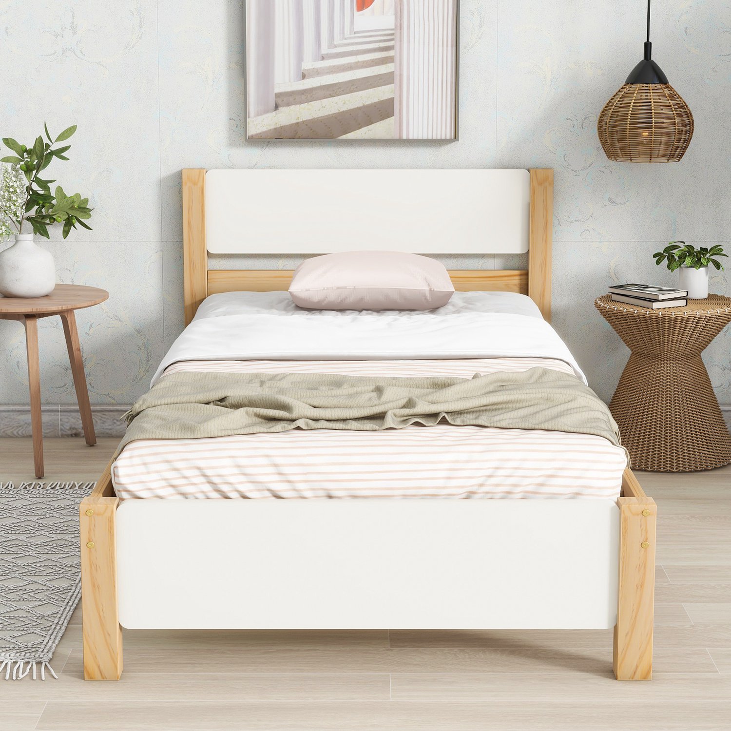 CHICFURN Eenpersoonsbed 90x200 cm - Lattenbodem - Middenpoten - Wit en naturel