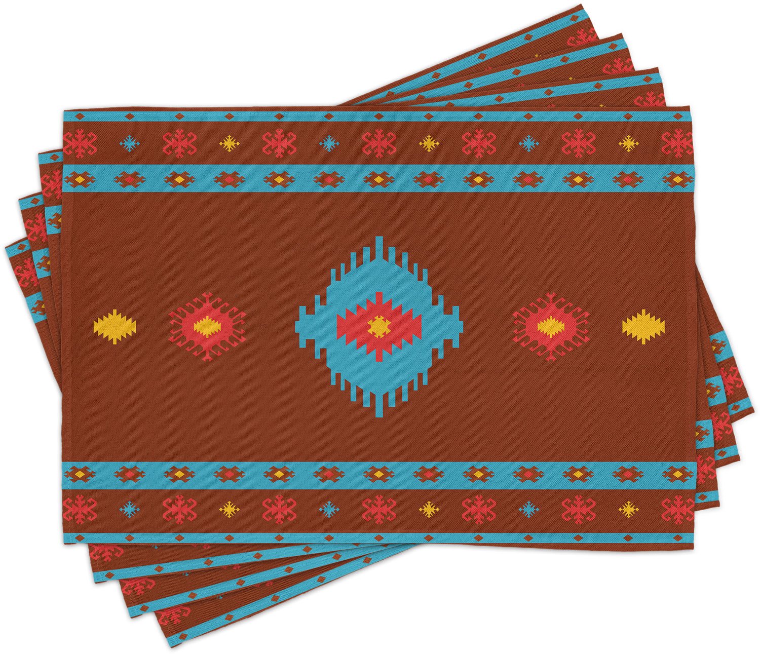 ABAKUHAUS Tribal Placemats Set van 4, Geometrisch Ontwerp Inca Inheems Cultureel Kunst, Wasbare Stoffen Placemats voor de Eettafel, Standaardformaat, Oranje Aqua