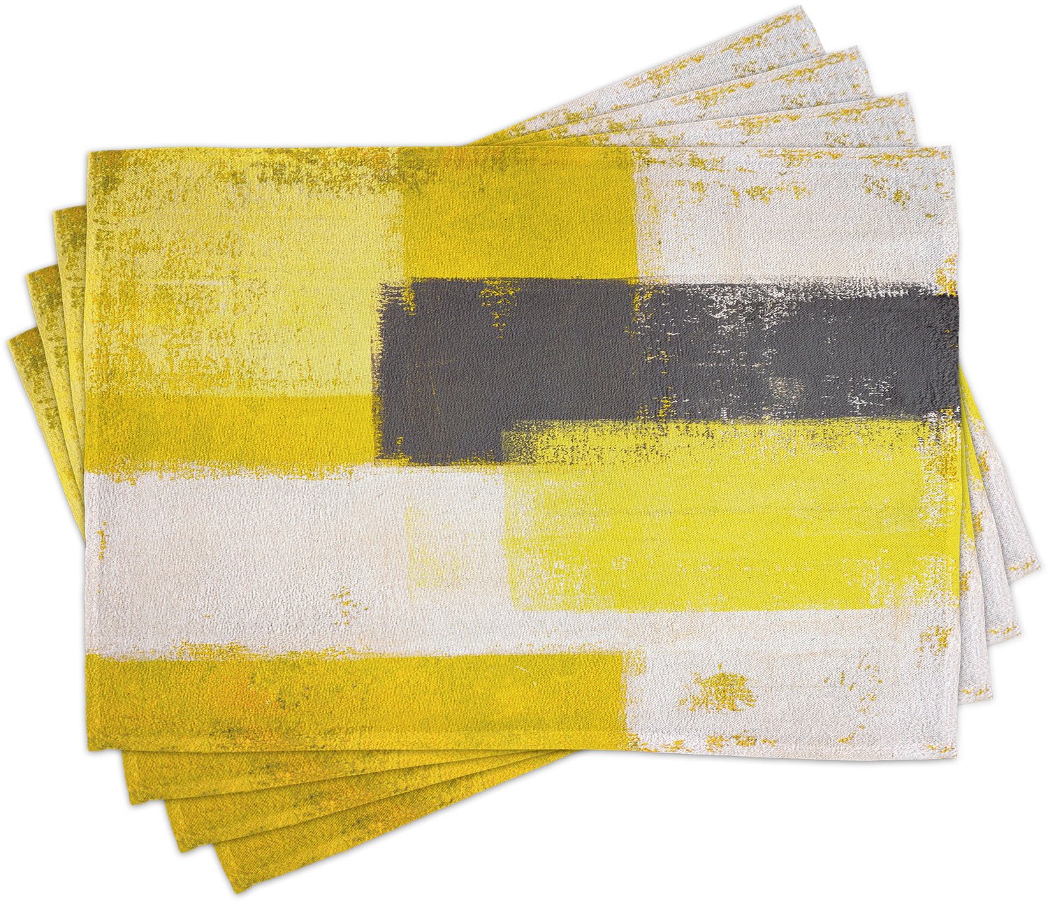 ABAKUHAUS Grijs en Geel Placemats Set van 4, Abstract Grunge Stijl Penseelstreken Schilderij Hedendaagse Illustratie, Wasbare Stoffen Placemats voor de Eettafel, Standaardformaat, Wit Mosterd