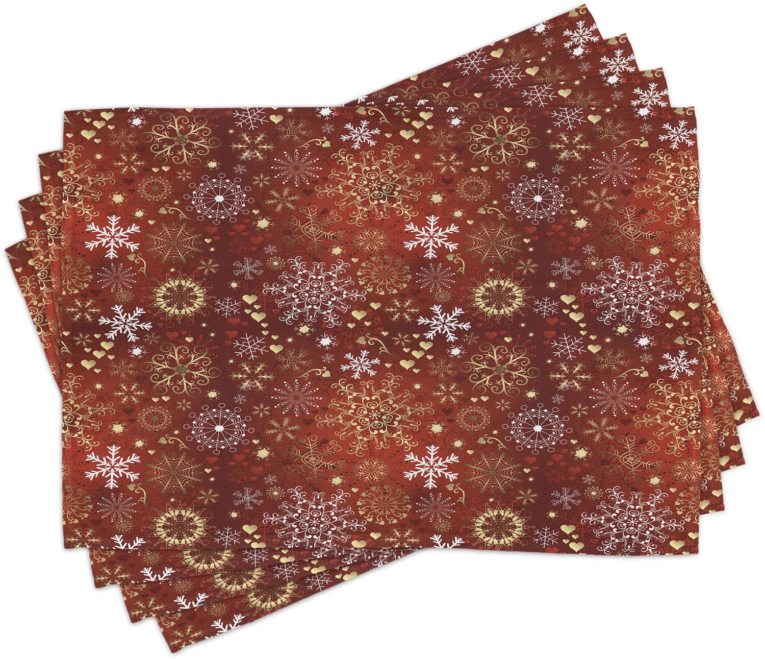 ABAKUHAUS Winter Placemats Set van 4, Ouderwetse Stijl Kerst Harten en Krullen Vintage Compositie, Wasbare Stoffen Placemats voor Eetkamer- en Keukentafeldecoratie, Vermiljoen Geel Wit