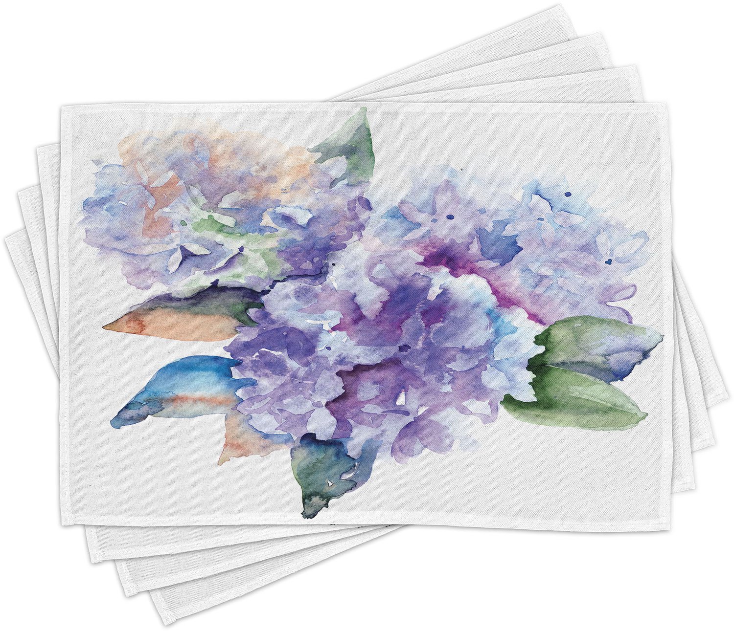 ABAKUHAUS Aquarel Placemats Set van 4, Delicate Hortensia Bloemen Bloeiende Botanische Arrangement Bruiloft Geïnspireerd, Wasbare Stoffen Placemats voor de Eettafel, Standaardformaat, Violetblauw