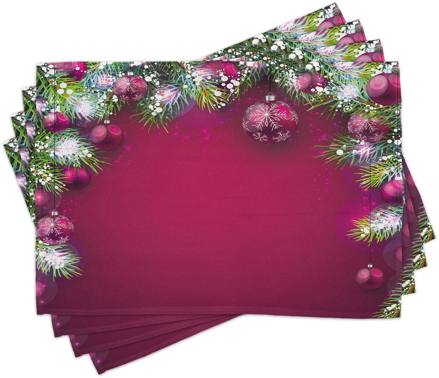 ABAKUHAUS Kerst Placemats Set van 4, Traditionele Compositie met Spar Takken Levendige Ballen Sneeuwvlokken, Wasbare Stoffen Placemats voor Eetkamer- en Keukentafeldecoratie, Magenta Groen Wit
