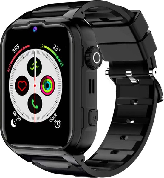 Zwarte kindersmartwatch met siliconen band en digitaal display met diverse iconen.