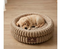 Sir.Pawsalot Luxe Hondenmand & Kattenmand - Donut Bed met Ribbel Design - Anti-Stress Kussen - Zacht Pluche - Khaki-60cm