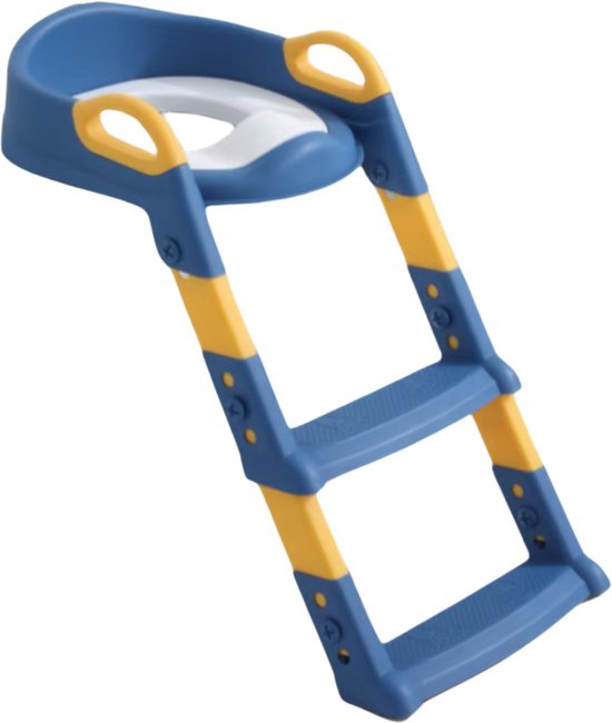 Blauwe en gele toiletverkleiner met opstapje voor zindelijkheidstraining, voorzien van handgrepen.
