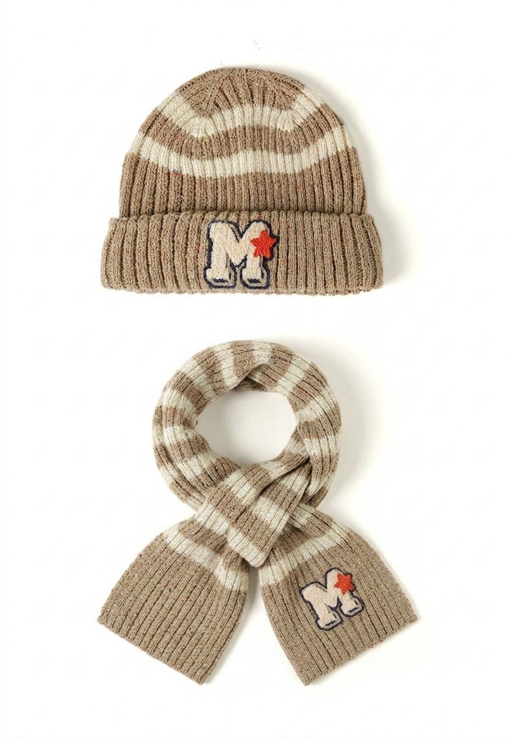 Minoti muts en sjaal kind – gestreept – M-badge met ster – beige en crème