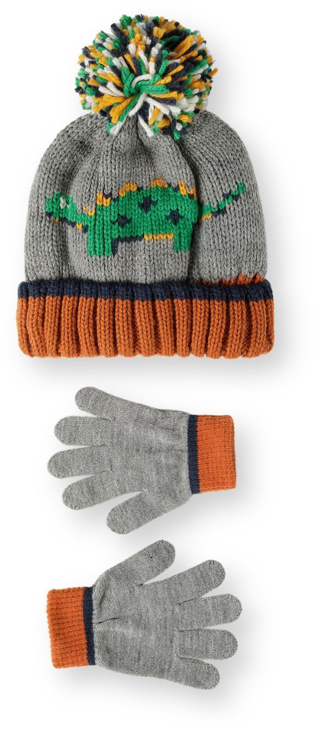 Minoti muts en handschoenen kind – dinosaurus – met pompon – grijs