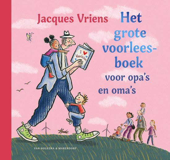 Opa draagt een kind op zijn rug en leest voor uit 'Het grote voorleesboek voor opa's en oma's' in een roze landschap.
