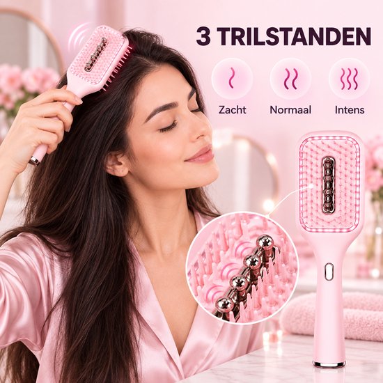 Roze elektrische haarborstel met 3 trilstanden: zacht, normaal en intens.