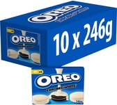 Displaydoos met 10 pakjes Oreo Enrobed White koekjes, omhuld met een witte laag met vanillesmaak.