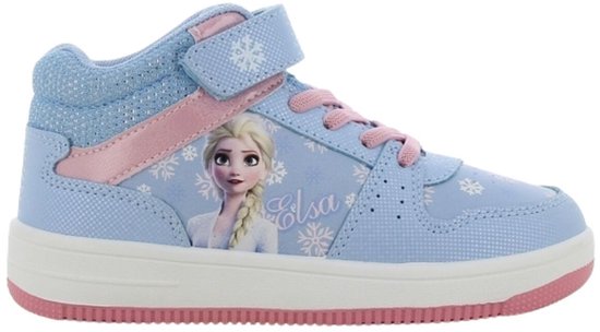 Lichtblauwe Disney Frozen hoge sneaker met Elsa-opdruk, roze veters, klittenband en roze zool.