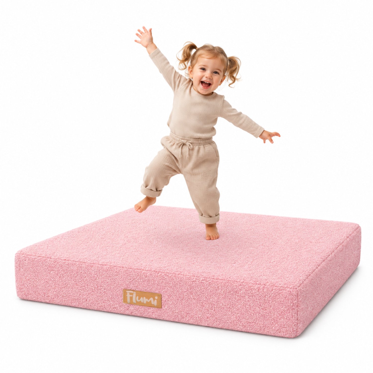 Flumi - Kinder Trampoline voor thuis - Zachte springmatras - Teddy Roze - Afneembare hoes - 110 x 71 cm