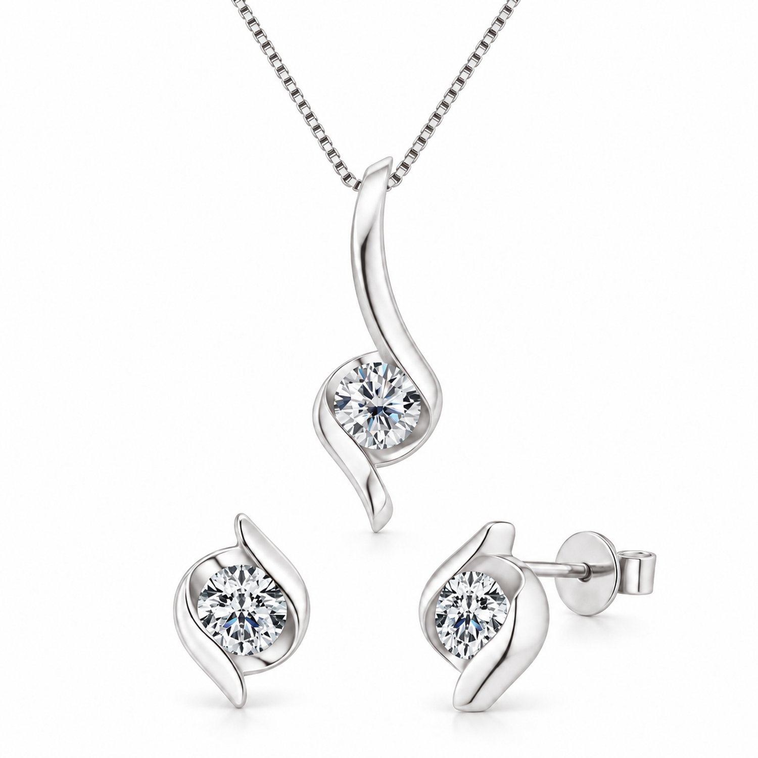 Selevie Sieradenset Witgoud Twist – Ketting & Oorbellen – Moissanite VVS1 Color D – 2 ct totaal – Diamond Look