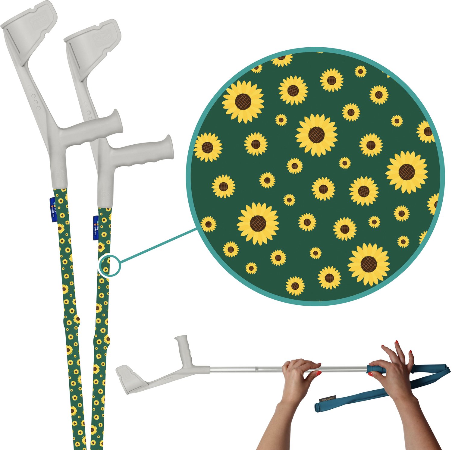 myCover Gentle Sunflowers - 2 stuks - Trendy hoes voor krukken en wandelstokken, past op elke kruk of wandelstok, elastische stof, wasbaar 30°C, verschillende patronen - Excl. Kruk