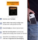 R2B zwarte pasjeshouder productverpakking met overzicht van voordelen en afbeelding in broekzak.