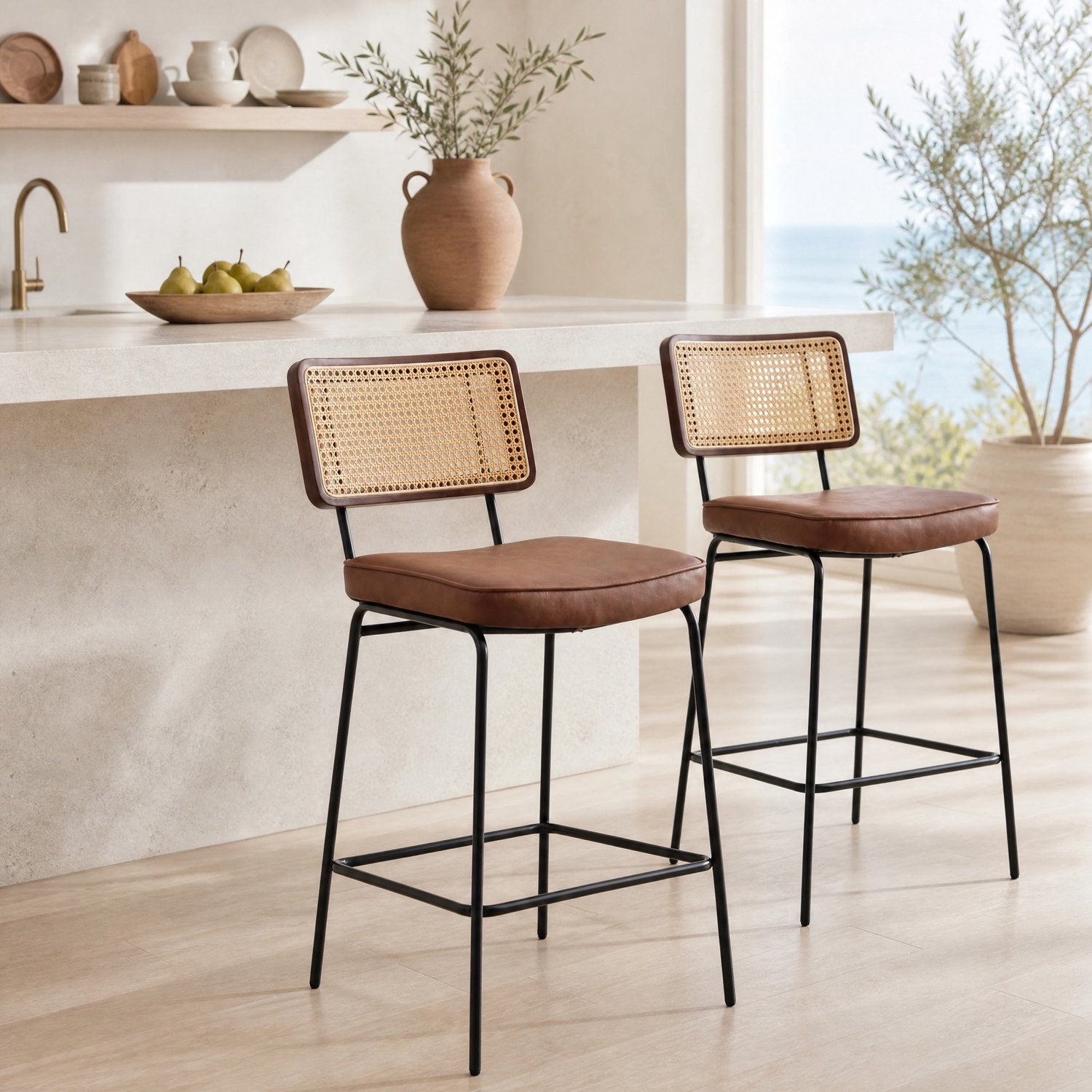 WUVRIE Barkruk set van 2 - PU-leren zitting en rugleuning met rattan-look - Bruin