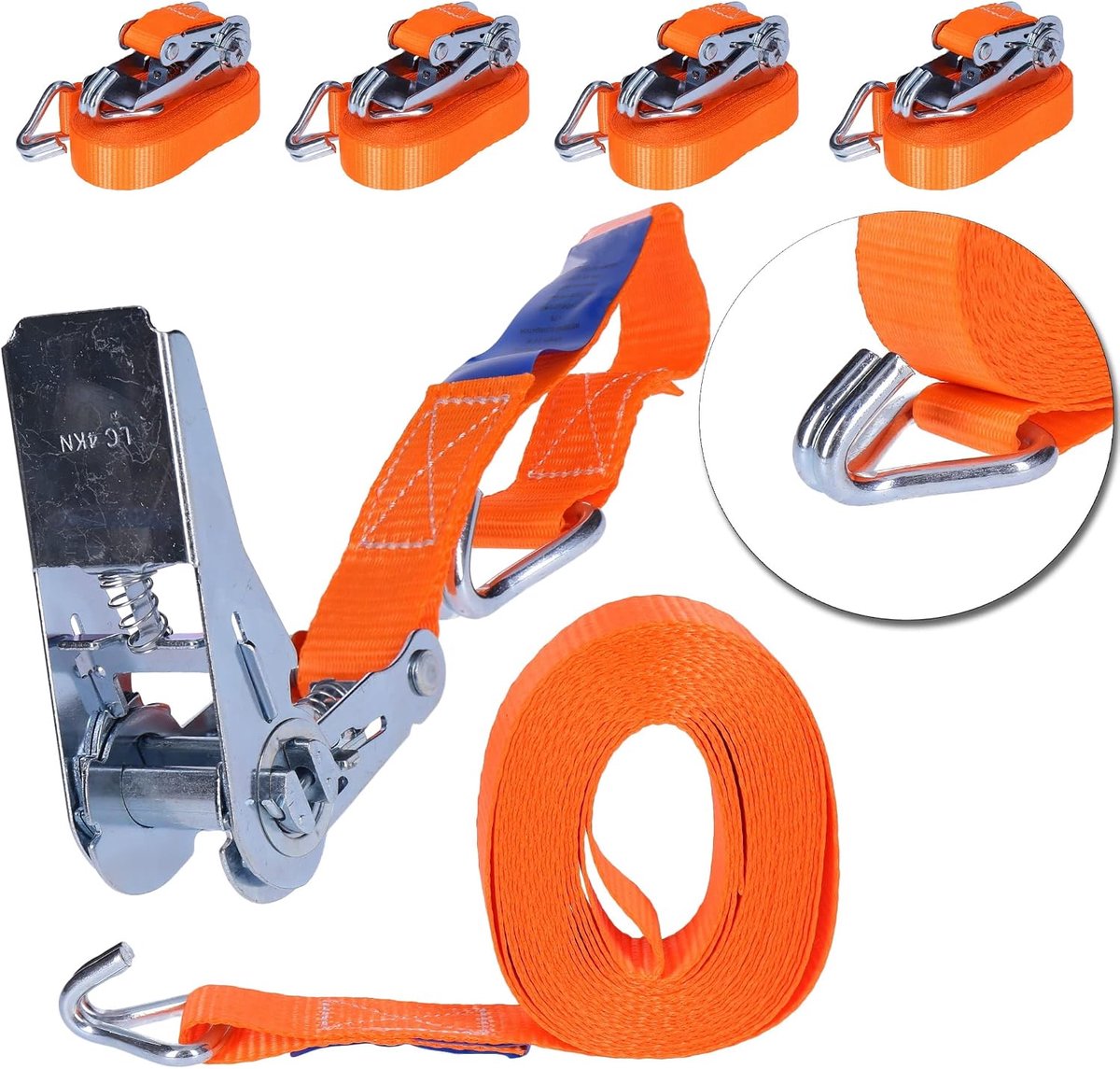 Spanbanden, ratelriemen, sjorbanden, spanbanden met ratel | 2-delig, dubbele punthaken | DIN EN12192-2, GS getest (4 stuks 0,8 ton, 6 meter)