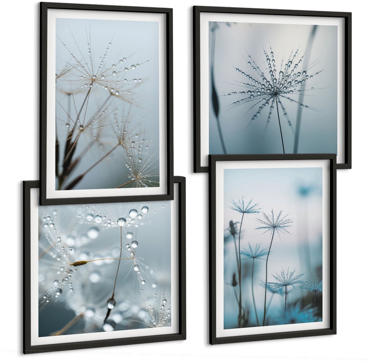 Coloray 4-Delige Schilderij Set - Fijne Paardenbloemen Met Waterdruppels - 40 x 40 cm En 40 x 60 cm - Decoratieve Schilderijen - Wanddecoratie - Hal - Interieur Decoratie Zwarte lijst
