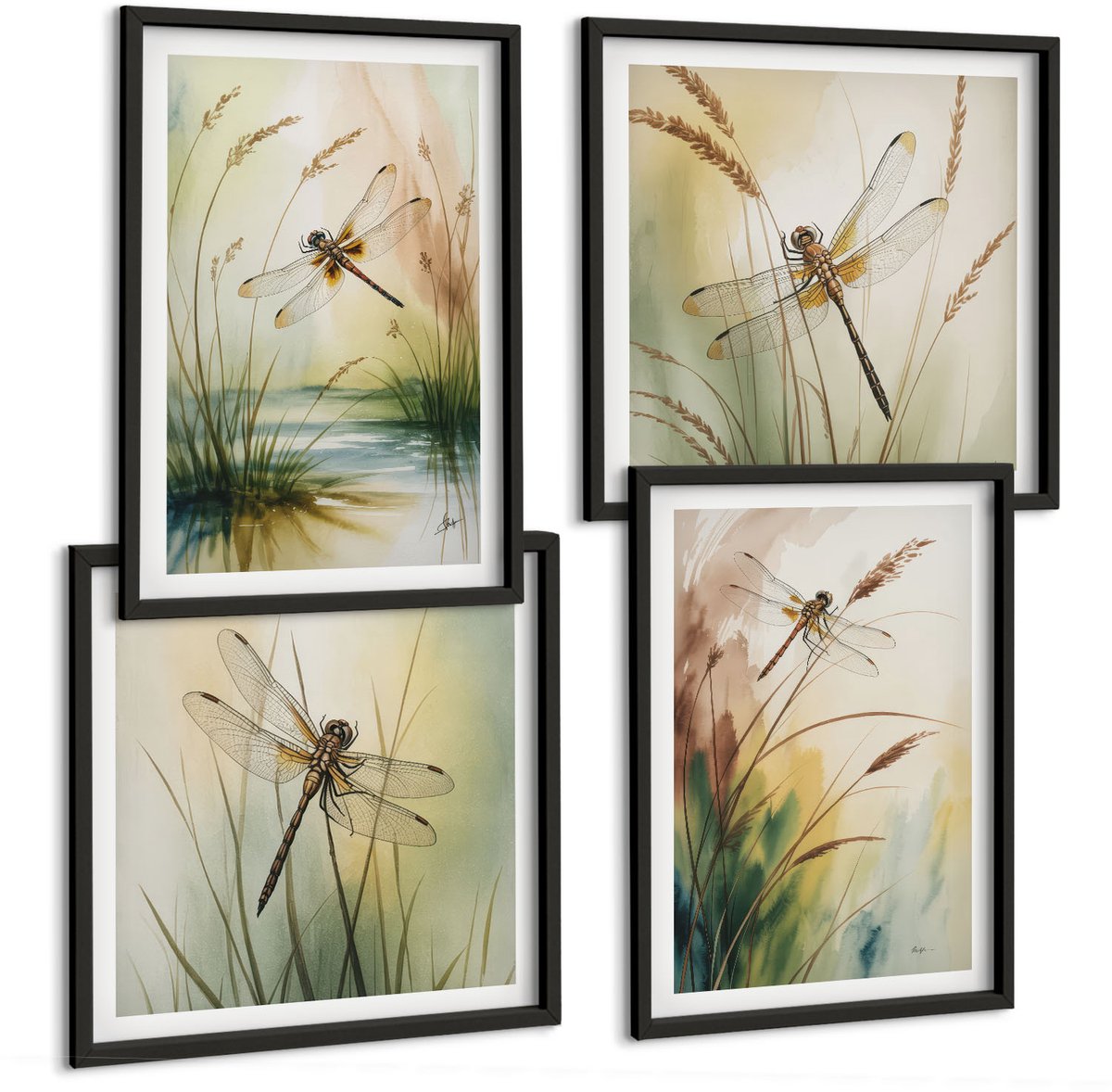Coloray 4-Delige Schilderij Set - Libellen Tussen Het Gras Bij Het Water In Een Schilderachtige Stijl. - 40 x 40 cm En 40 x 60 cm - Decoratieve Schilderijen - Woonkamer - Interieur - Muurdecoratie Zwarte lijst