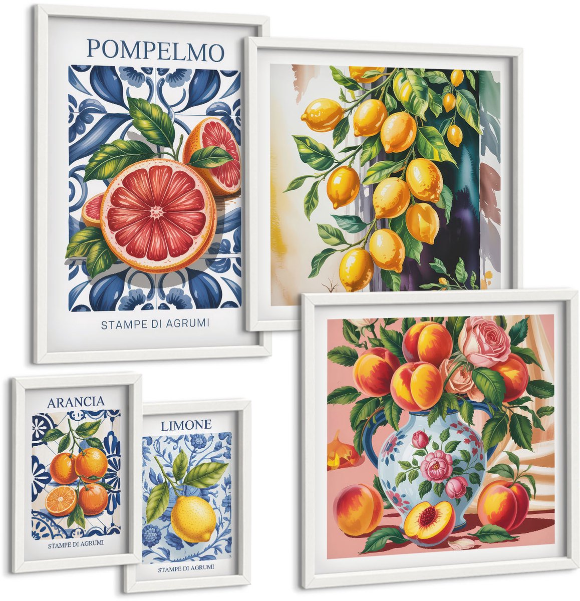 Coloray 5-Delige Schilderij Set - Zonnige Accenten Met Citrusvruchten In Een Vintage Stijl - 50 x 50 cm, 20 x 30 cm En 40 x 60 cm - Muurdecoratie - Decoratieve Schilderijen - Wohnzimmer - Wanddecoratie
