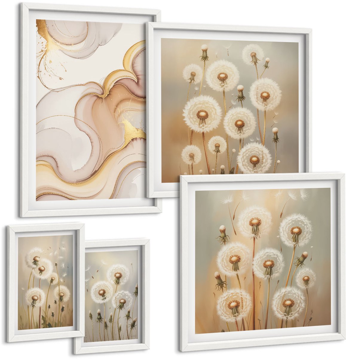 Coloray 5-Delige Schilderij Set - Bloemmotieven In Delicate Natuurlijke Tinten - 50 x 50 cm, 20 x 30 cm En 40 x 60 cm - Stijlvolle Muurdecoratie - Kantoor