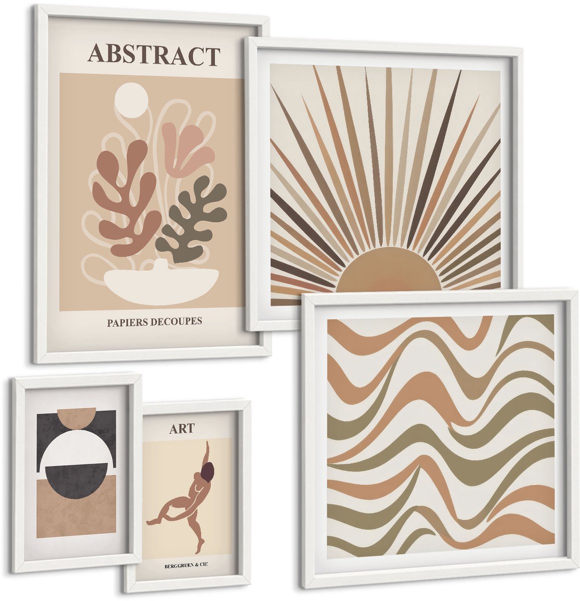 Coloray 5-Delige Schilderij Set - Stijlvolle Abstracties Met Plantmotieven En -Vormen. - 50 x 50 cm, 20 x 30 cm En 40 x 60 cm - Muurdecoratie - Wanddecoratie - Hal - Interieur Decoratie