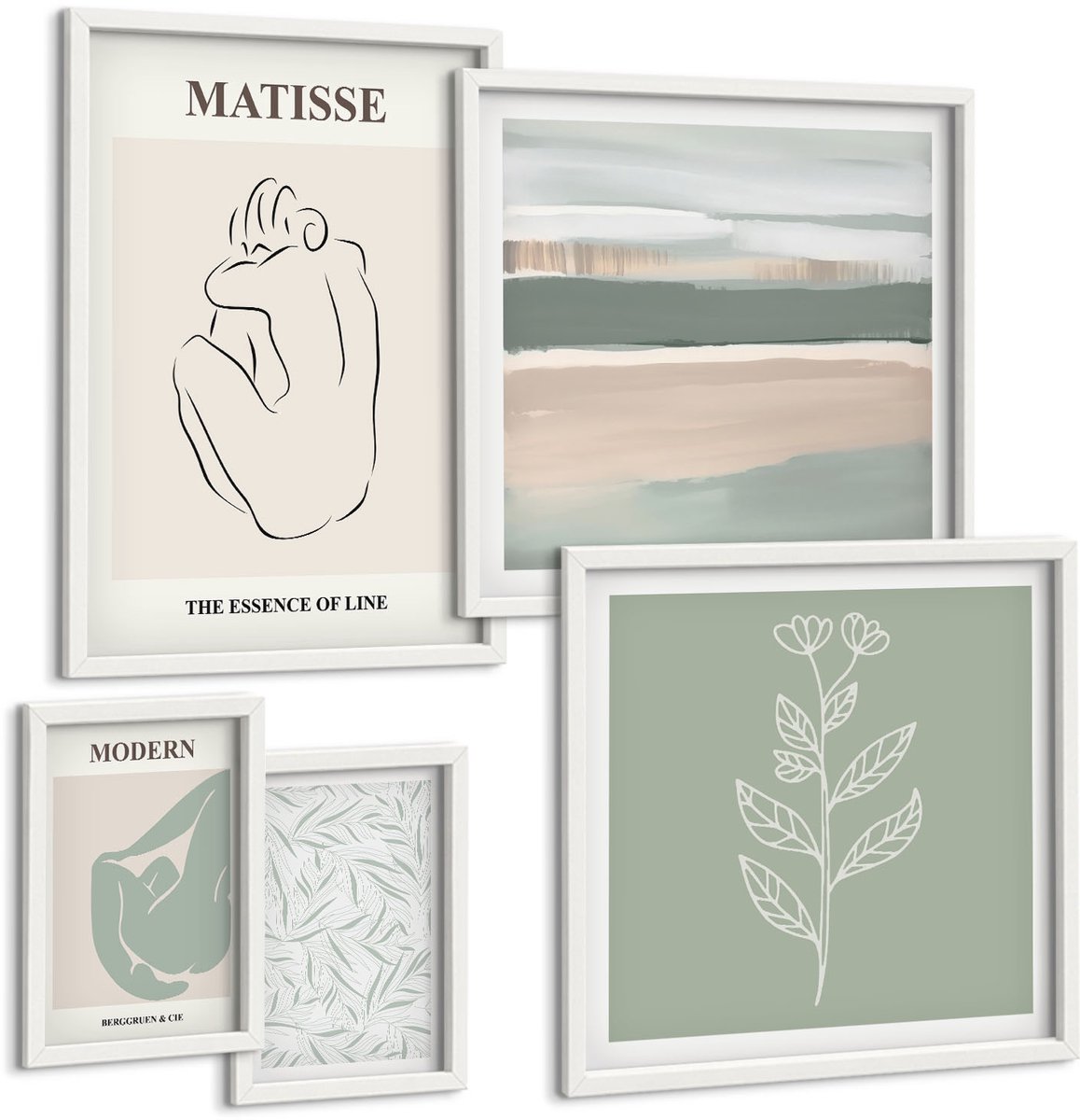 Coloray 5-Delige Schilderij Set - Stijlvolle, Minimalistische Afbeeldingen Met Plant- En Lijnmotieven. - 50 x 50 cm, 20 x 30 cm En 40 x 60 cm - Wanddecoratie - Schilderijen Set - Kantoor - Woonkamer Decoratie