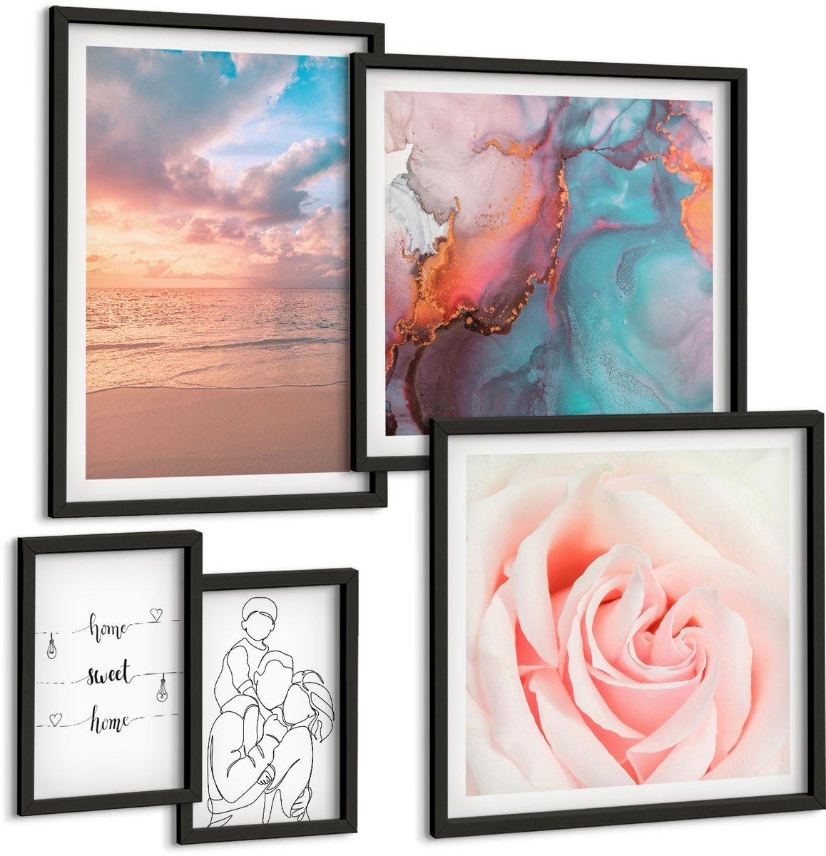 Coloray 5-Delige Schilderij Set - Zeegezichten, Romantische Motieven En Delicate Lijnen - 50 x 50 cm, 20 x 30 cm En 40 x 60 cm - Stijlvolle Muurdecoratie - Slaapkamer - Woonkamer Decoratie Zwarte lijst