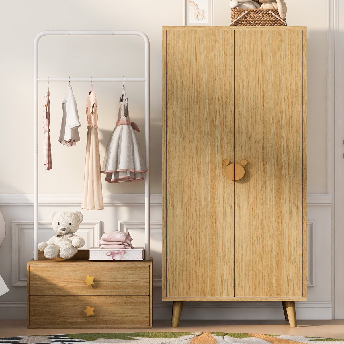 VVBV Kledingkast 140x55x170 cm – Opbergruimte en Lades – Modern Design – Voor Slaapkamer – MDF – Natuurlijk Hout Naturel