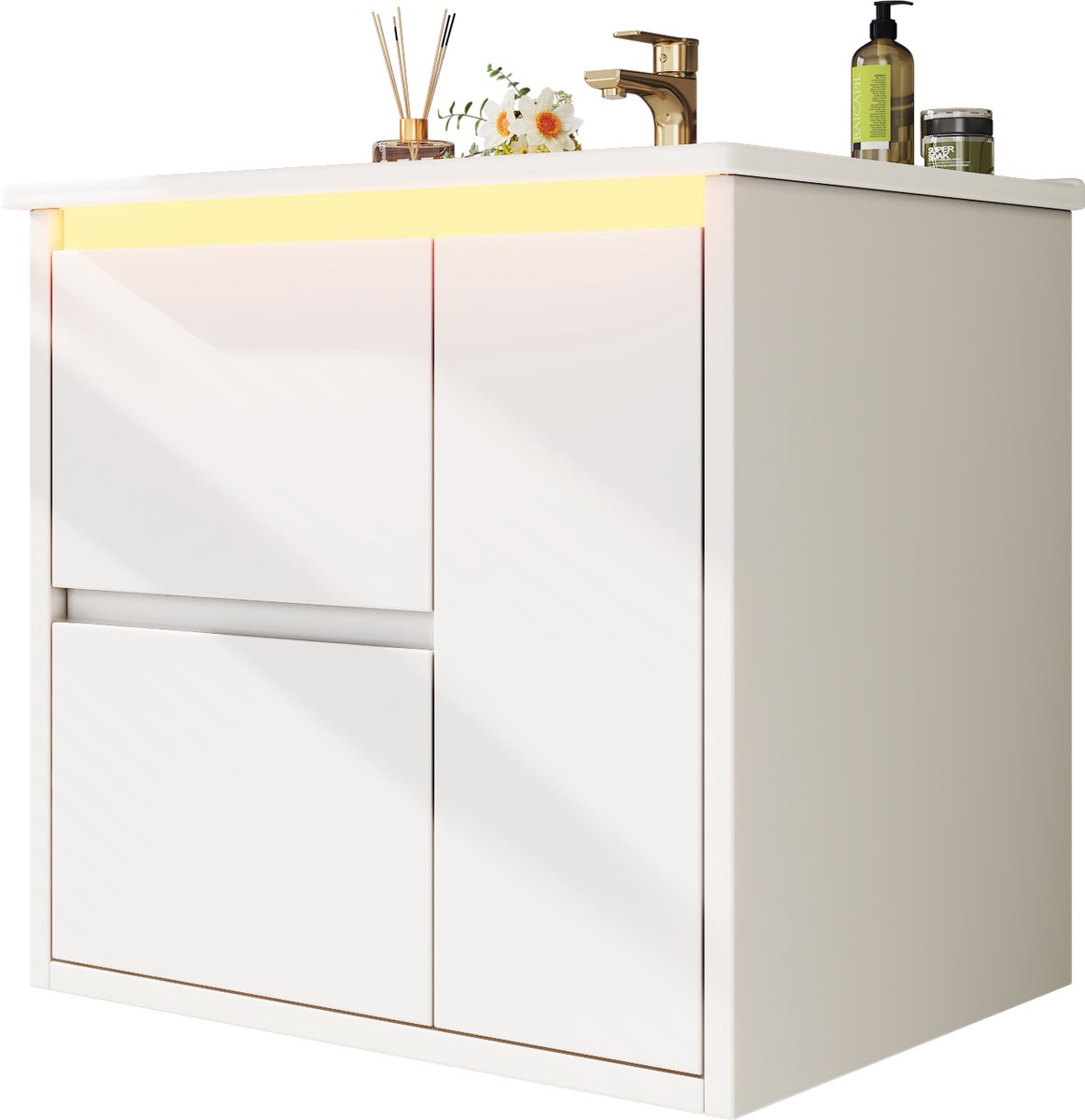 Hangend wastafelmeubel wit - Wandgemonteerd wastafelmeubel - Badkamermeubel 61 cm - 61x46,5x57 cm - Met LED verlichting - Badkamer Wit