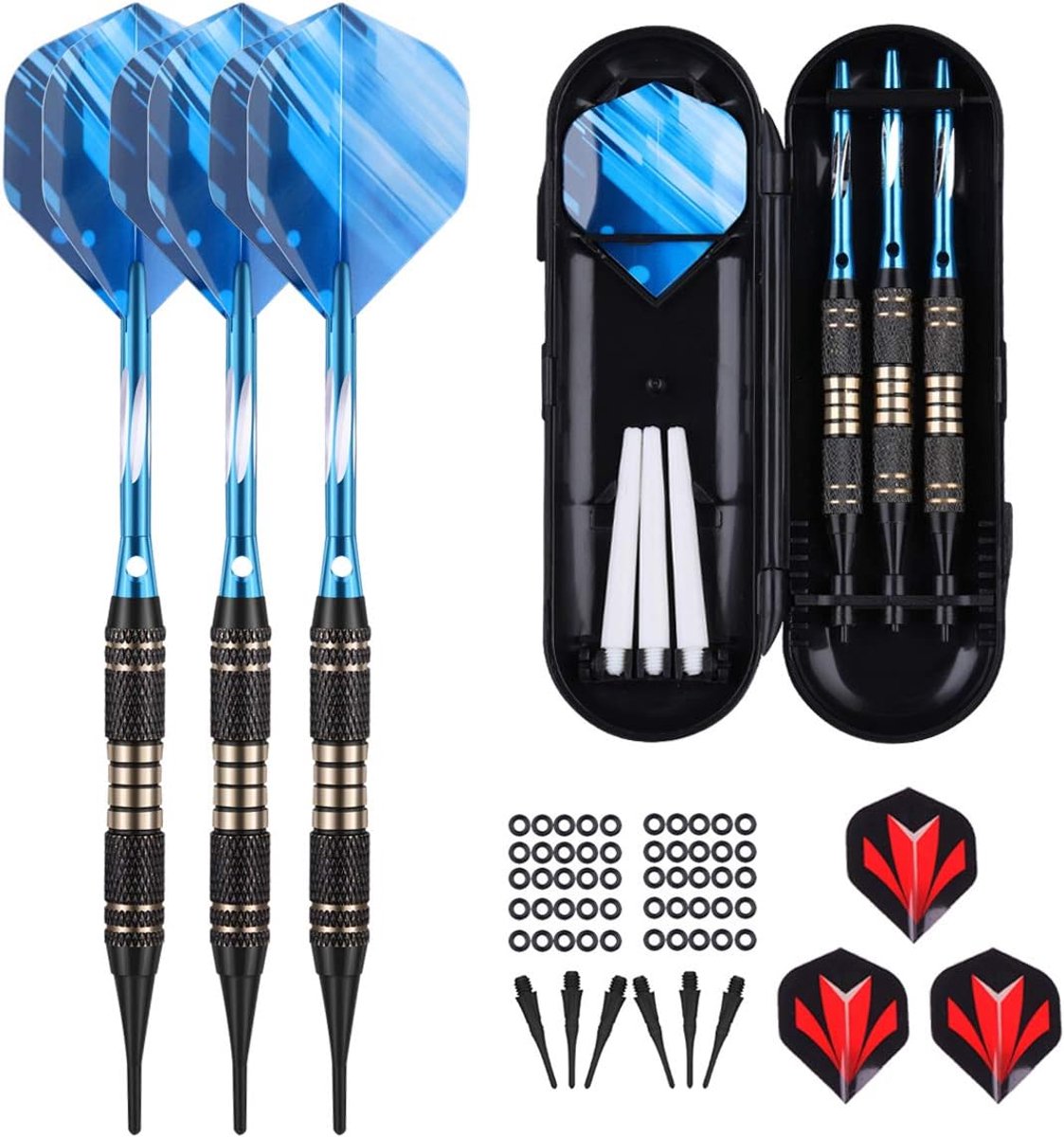 Dartpijlen, dartpijlen met kunststof punt 18 gram, 3 stuks professionele zachte dartpijlen 16 gram voor elektronisch dartbord, 6 aluminium schachten, 50 anti-lose rubberen ringen, 30 punten