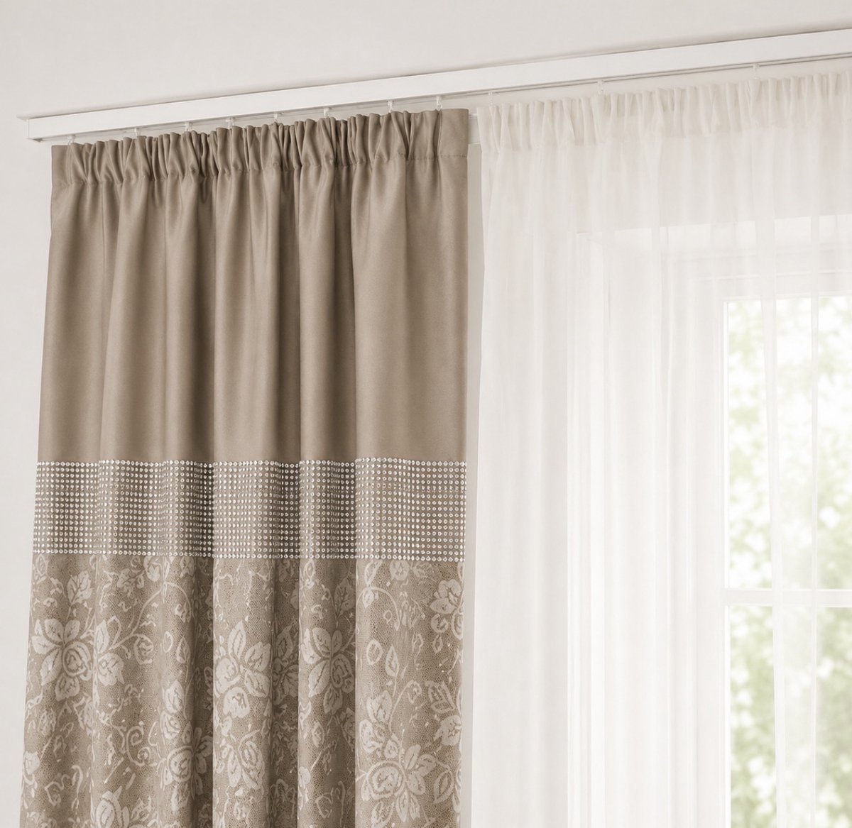 Gordijn en Vitrage Complete Set-Taupe/Beige