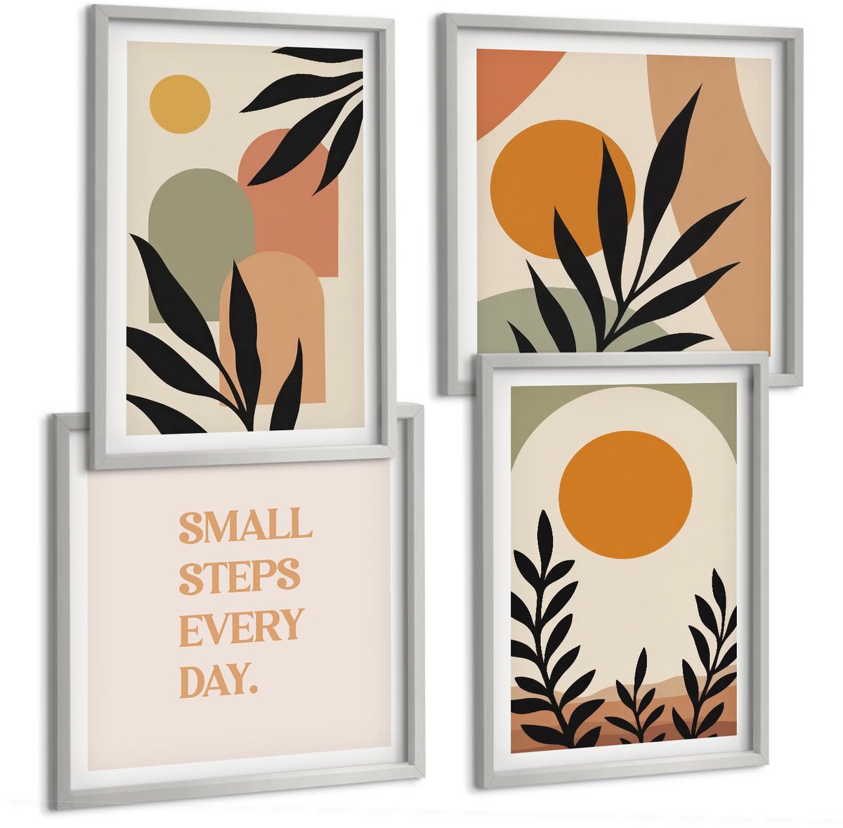 Coloray 4-Delige Schilderij Set - Abstracte Vormen En Plantmotieven In Warme Kleuren. - 40 x 40 cm En 40 x 60 cm - Schilderijen Set - Wanddecoratie - Woonkamer - Stijlvolle Muurdecoratie