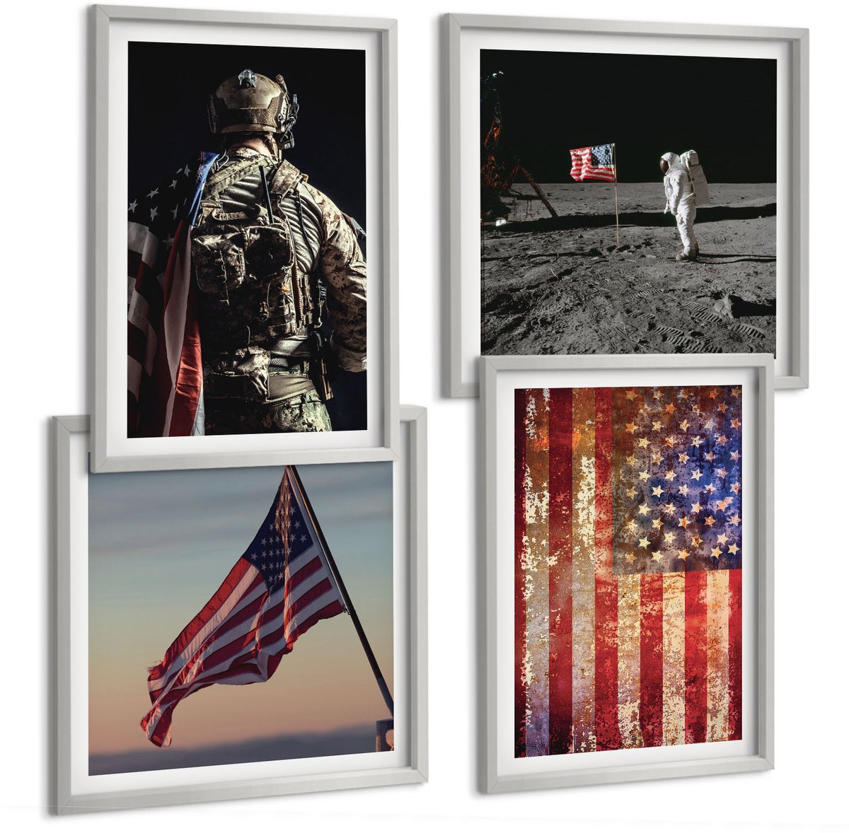 Coloray 4-Delige Schilderij Set - Amerikaanse Nationale Symbolen, Vlag Van De Vs - 40 x 40 cm En 40 x 60 cm - Wanddecoratie - Muurdecoratie - Woonkamer - Woonkamer Decoratie