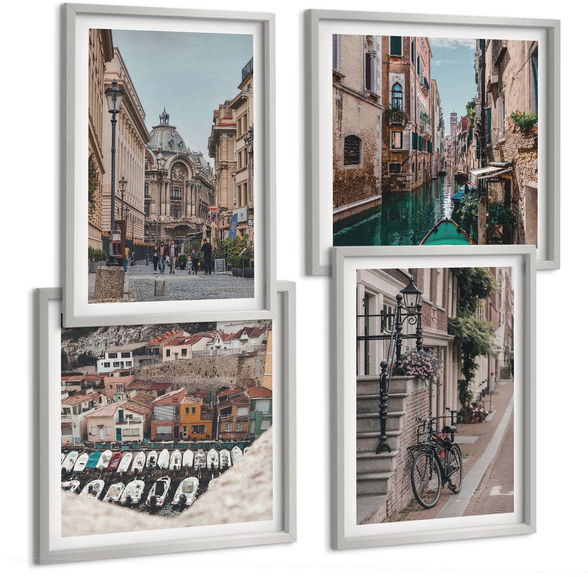 Coloray 4-Delige Schilderij Set - Sfeervolle Stadsstraten Met Uitzicht Op Havens En Gebouwen. - 40 x 40 cm En 40 x 60 cm - Stijlvolle Muurdecoratie - Slaapkamer - Decoratieve Schilderijen