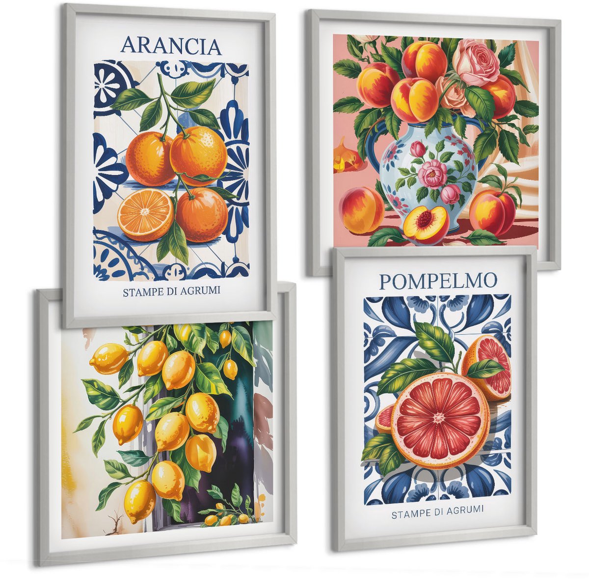 Coloray 4-Delige Schilderij Set - Trendy Posters Met Citrusvruchten In Italiaanse Stijl - 40 x 40 cm En 40 x 60 cm - Wanddecoratie - Moderne Interieurdecoratie - Stijlvolle Muurdecoratie