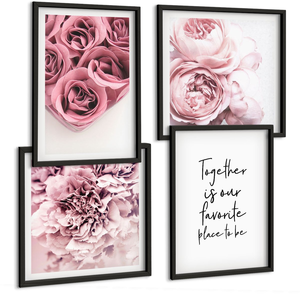 Coloray 4-Delige Schilderij Set - Bloemen En Boeketten Rozen Met Een Zelfgeschreven Tekst. - 40 x 40 cm En 40 x 60 cm - Muurdecoratie - Interieur Decoratie Zwarte lijst