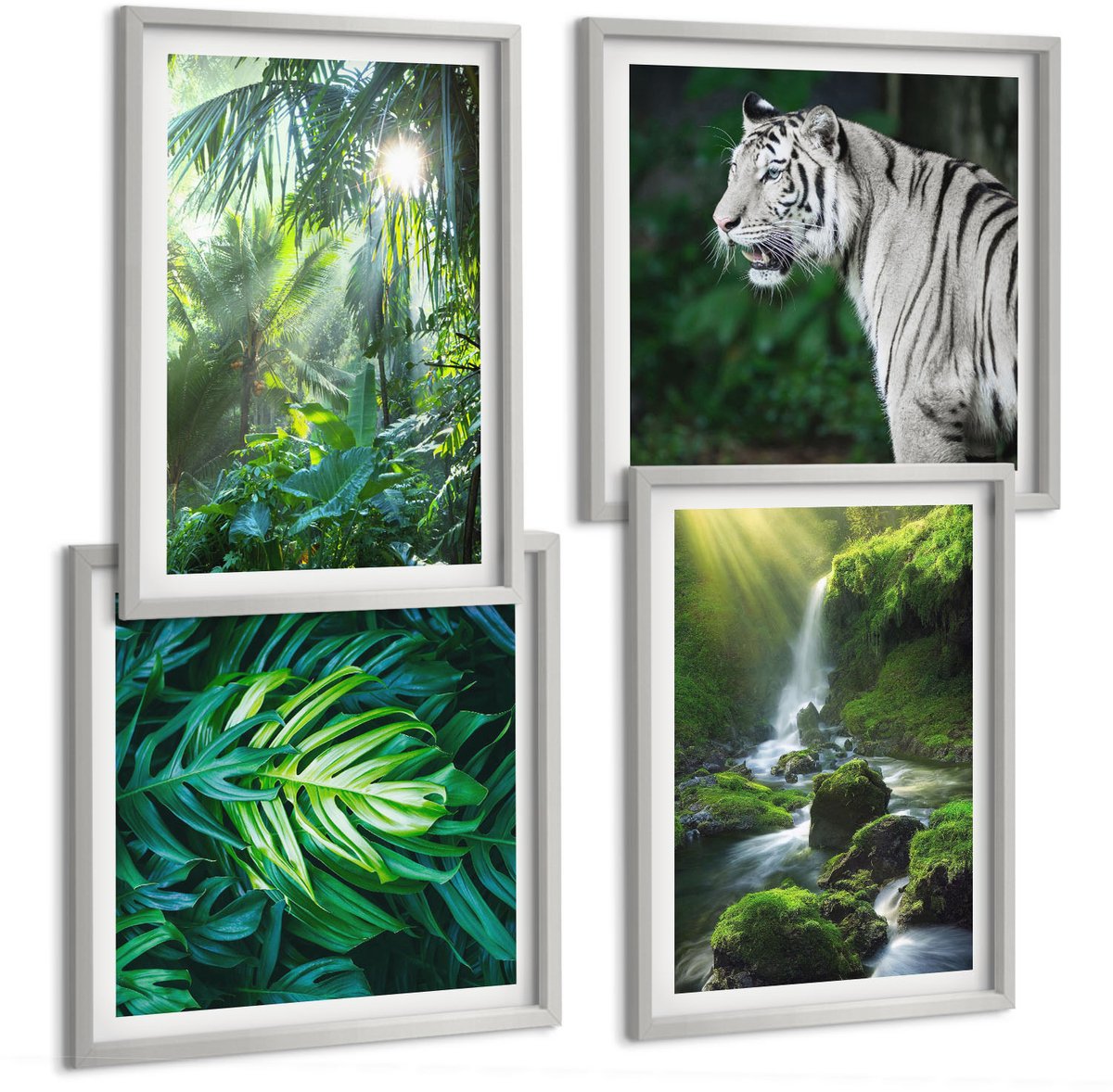 Coloray 4-Delige Schilderij Set - Jungle Met Een Witte Tijger En Een Wilde Waterval - 40 x 40 cm En 40 x 60 cm - Wanddecoratie - Muurdecoratie - Moderne Interieurdecoratie - Stijlvolle Muurdecoratie