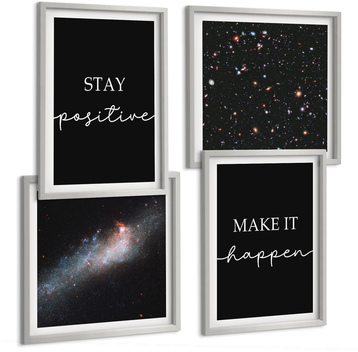 Coloray 4-Delige Schilderij Set - Motiverende Slogans Op Een Zwarte Achtergrond Sterren In De Ruimte - 40 x 40 cm En 40 x 60 cm - Decoratieve Schilderijen - Woonkamer - Interieur - Interieur Decoratie