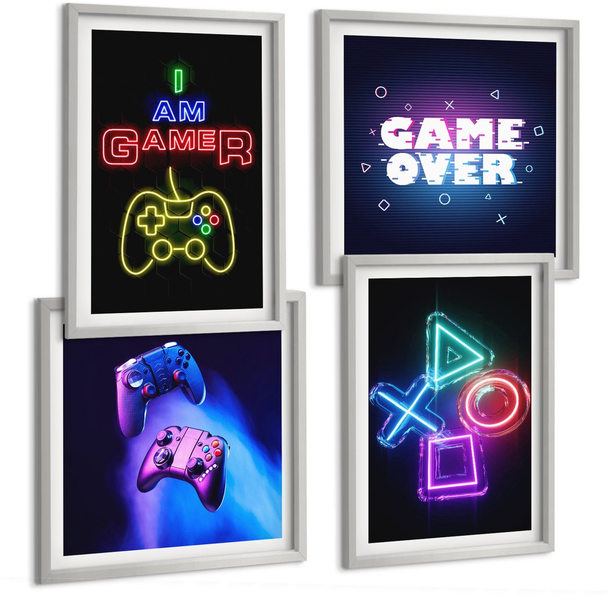 Coloray 4-Delige Schilderij Set - Gamepads Spelersinscripties Pictogrammen - 40 x 40 cm En 40 x 60 cm - Muurdecoratie - Schilderijen Set - Woonkamer - Interieur Decoratie