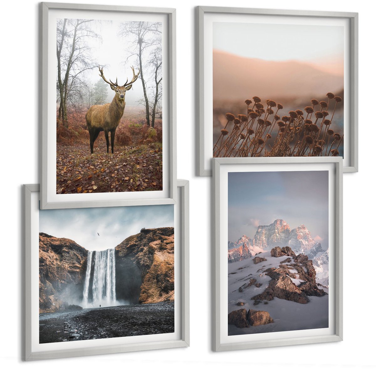 Coloray 4-Delige Schilderij Set - Natuurlijke, Ongerepte Landschappen, Bergen, Herten En Watervallen. - 40 x 40 cm En 40 x 60 cm - Wanddecoratie - Muurdecoratie - Woonkamer