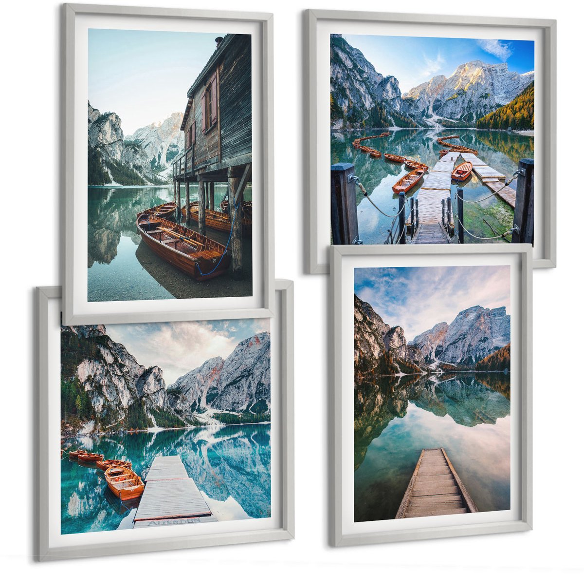 Coloray 4-Delige Schilderij Set - Een Rustig Meer In De Bergen Met Houten Bootjes. - 40 x 40 cm En 40 x 60 cm - Decoratieve Schilderijen - Woonkamer - Interieur - Wanddecoratie