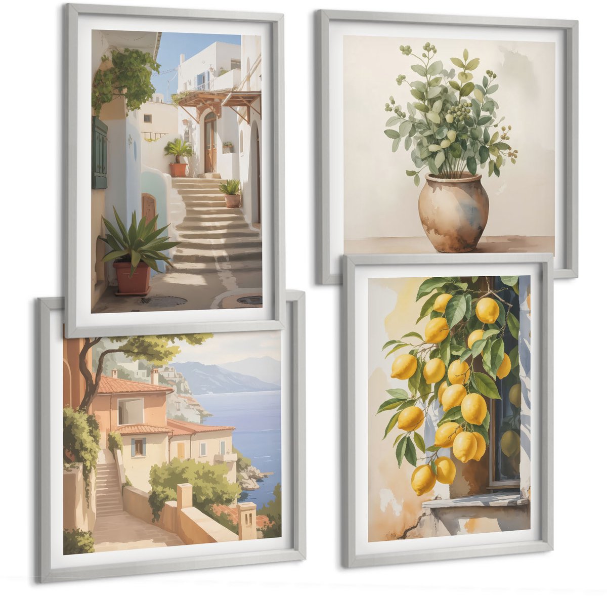 Coloray 4-Delige Schilderij Set - Potplanten En Citroenen Tegen De Achtergrond Van Een Straat. - 40 x 40 cm En 40 x 60 cm - Stijlvolle Muurdecoratie - Kantoor - Moderne Wanddecoratie