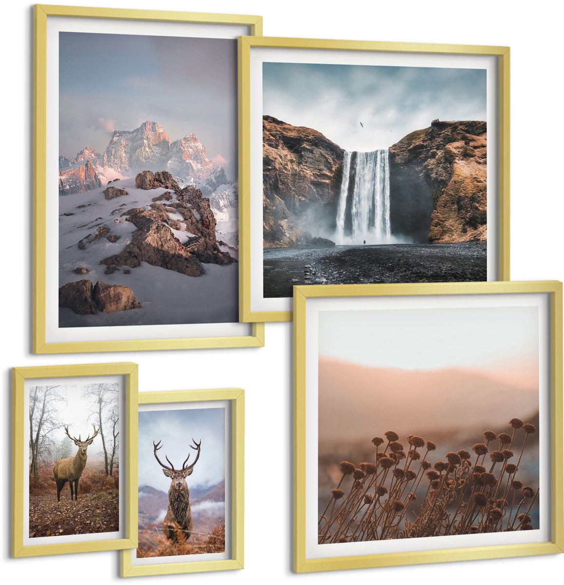 Coloray 5-Delige Schilderij Set - Berglandschappen Met Wilde Dieren En Andere Dieren - 50 x 50 cm, 20 x 30 cm En 40 x 60 cm - Muurdecoratie - Interieur Decoratie